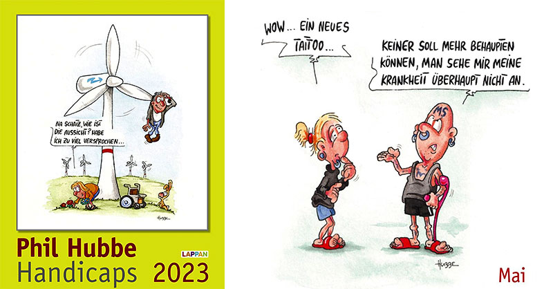 Titelblatt des Hubbe Kalenders Handicaps 2023 und Mai-Cartoon