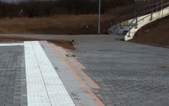 Foto: Ein Noppenfeld warnt vor Sturzgefahr an den auslaufenden Stufen rechts. Alle Stufen haben gelbe Kontraststreifen.