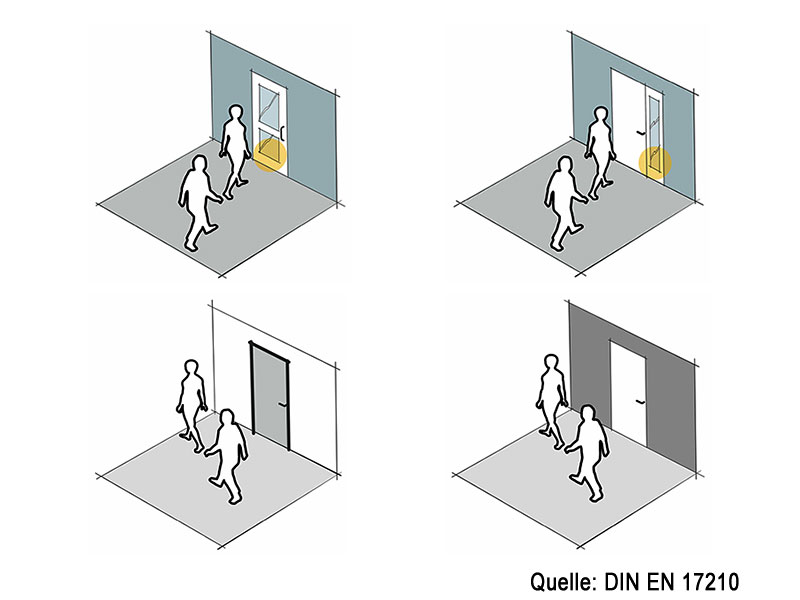 4 Skizzen - Sichtfenster in einem Türblatt und neben einer Tür, Tür und Türzarge kontrastierend zur angrenzenden Wand und Tür mit visuellem Kontrast zur angrenzenden Wand