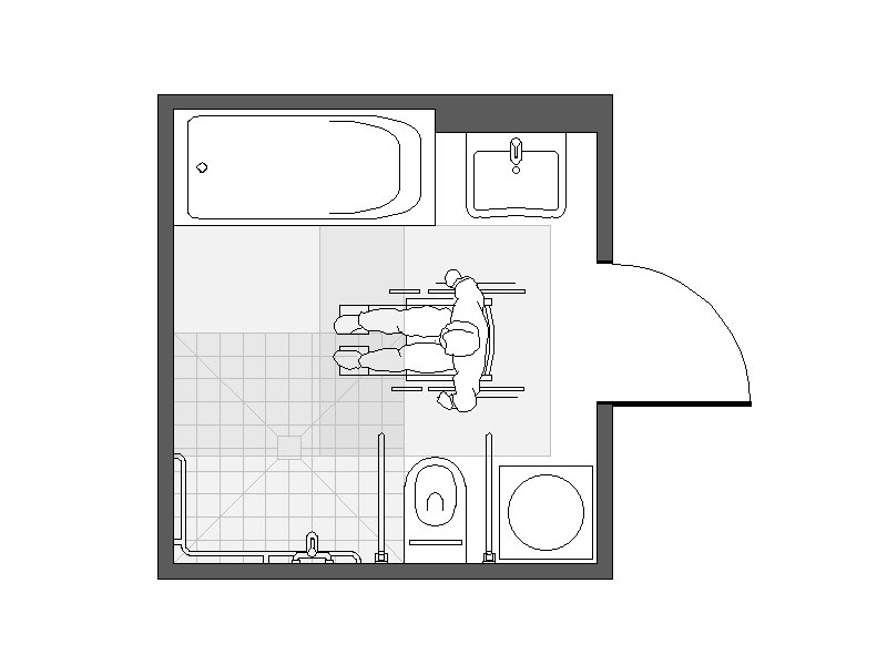 Skizze Bewegungsfl&auml;chen Bad mit Badewanne, Dusche, WC, WT und Waschmaschine