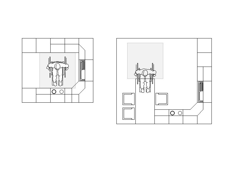 Skizze K&uuml;che mit Bewegungsfl&auml;che f&uuml;r Rollstuhlfahrer 1,5m x 1,5m
