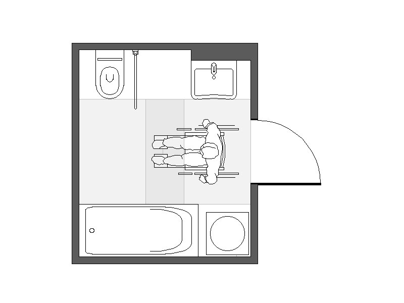 Skizze Bewegungsflächen Bad mit Badewanne, WC, WT und Waschmaschine