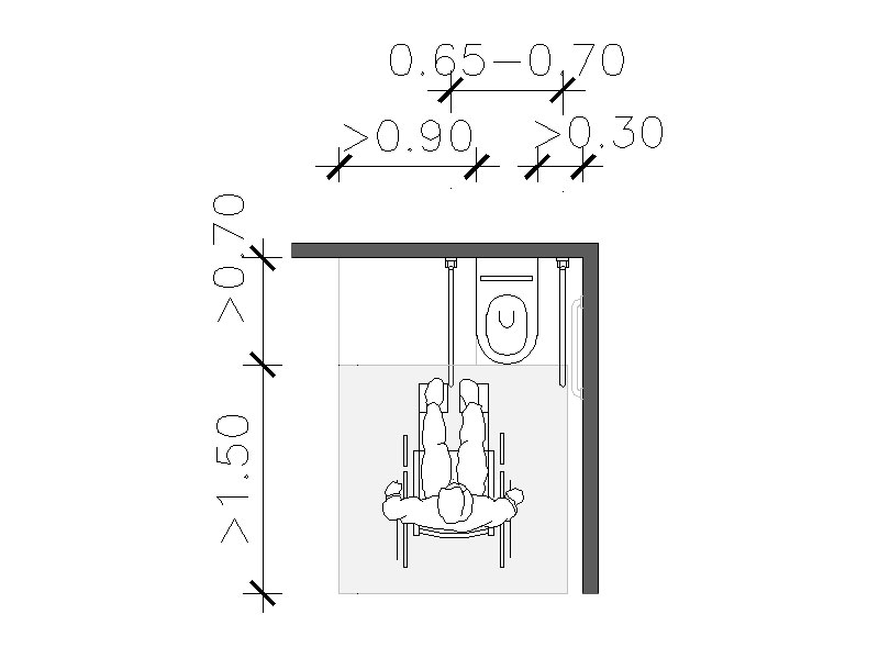 Skizze Bewegungsflächen WC mit alternativen Wandhaltegriff
