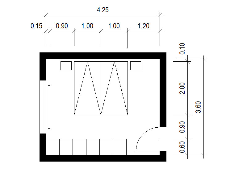 Skizze barrierefreier Schlafraum mit Doppelbett