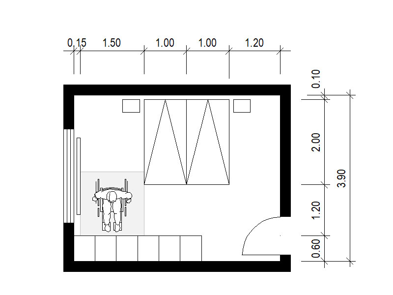 Skizze rollstuhlgerechter Schlafraum mit Doppelbett. Nicht alle Schr&auml;nke sind erreichbar.