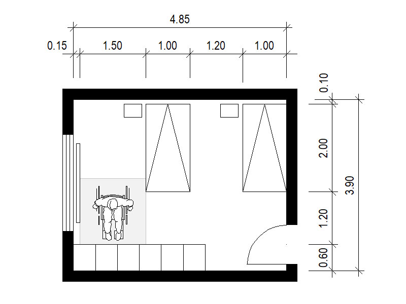 Skizze rollstuhlgerechter Schlafraum mit Einzelbetten. Nicht alle Schr&auml;nke sind erreichbar.