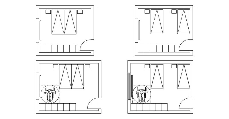 4 Skizzen zu barrierefreien und rollstuhlgerechten Schlafräumen mit Einzelbetten und Doppelbett