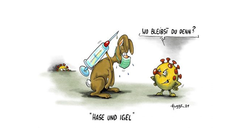 04.01.2021: Cartoon - Kalender 2021 von Phil.Hubbe Hase mit Impfung hechelt Virus hinterher.