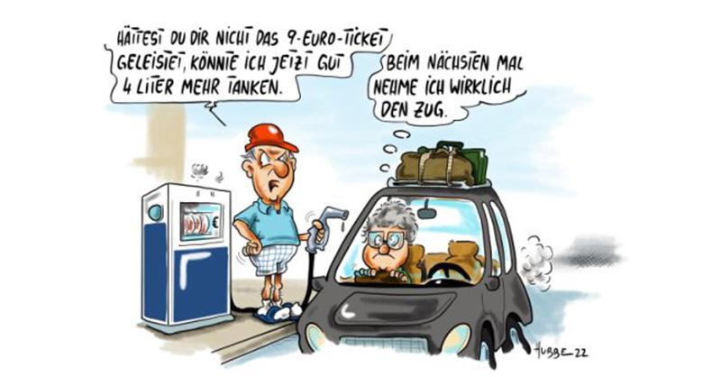 Cartoon 9-EUR-Ticket versus Auto