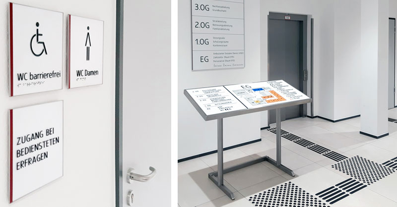 Haptische Schilder, Wegweiser und Bodenleitsystem