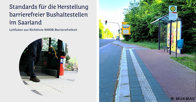 2 Bilder -Titelbild des Leitfadens Barrierefreie Bushaltestellen und eine Bushaltestelle außerhalb einer Ortschaft