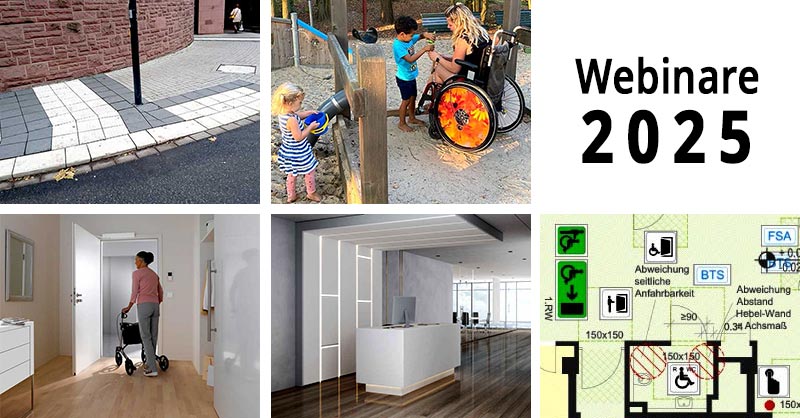 5 Bilder: Überquerungsstelle, Spielplatz, Wohnungseingangstür, Bürogebäude und Bauzeichnung