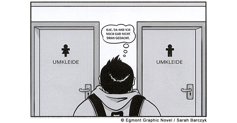 Cartoon: Eine Person steht vor zwei Türen, die zu getrennten Umkleideräumen für Frauen und Männer führen und überlegt: "Oje, da habe ich noch gar nicht dran gedacht."