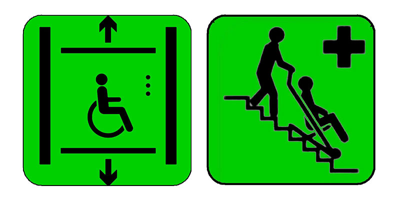 Piktogramme Evakuierung Aufzug und Rettungsstuhl