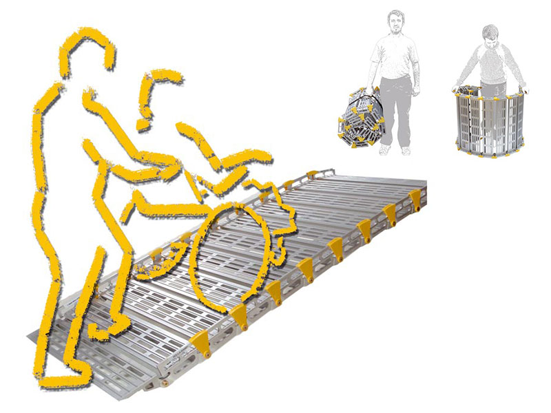 Zeichnung: Figur schiebt Rollifahrer &uuml;ber die aufgerollte Rampe