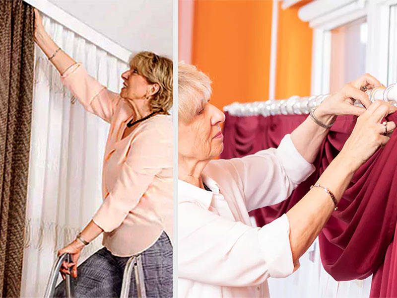 Auf einem Bild steht eine Frau auf der Leiter, um die Gadine abnehmen zu können, auf dem anderen hat sie per Lift die Gardine heruntergezogen, um sie bequem vom Boden aus abzunehmen.