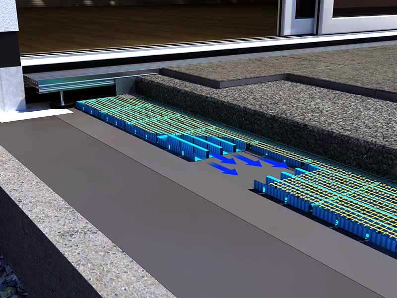 Schema einer barrierefreien Balkontürschwelle mit Aquadrain, Terrassenaufbau für Natursteinbelag
