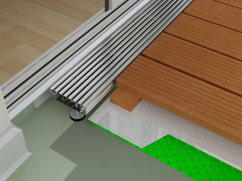 Schema einer barrierefreien Balkontürschwelle mit Aquadrain, Terrassenaufbau für Holzbelag