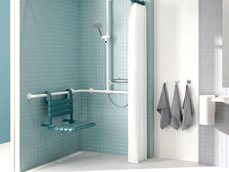 Dusch-Einhängesitz, Duschhandlauf, Vorhangstange mit Vorhang