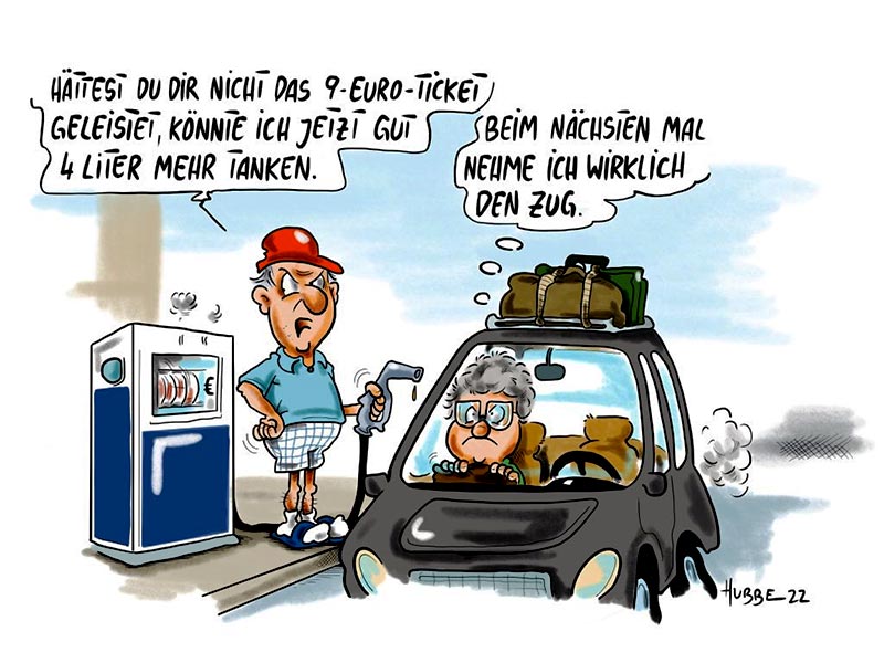 Cartoon 9-EUR-Ticket versus Auto