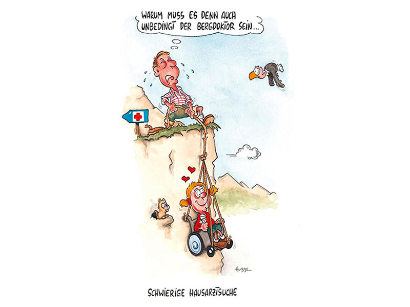 Cartoon Schwierige Arztsuche - Figur zieht mit einem Seil eine Person im Rolli eine steile Klippe und fragt sich, warum es denn unbedingt der Bergdoktor sein m&uuml;sse