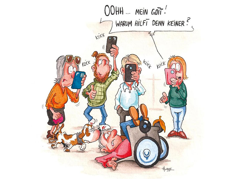 Cartoon - Person im Rolli ist gefallen. Personen stehen herum, fotografieren und fragen, warum keiner hilft