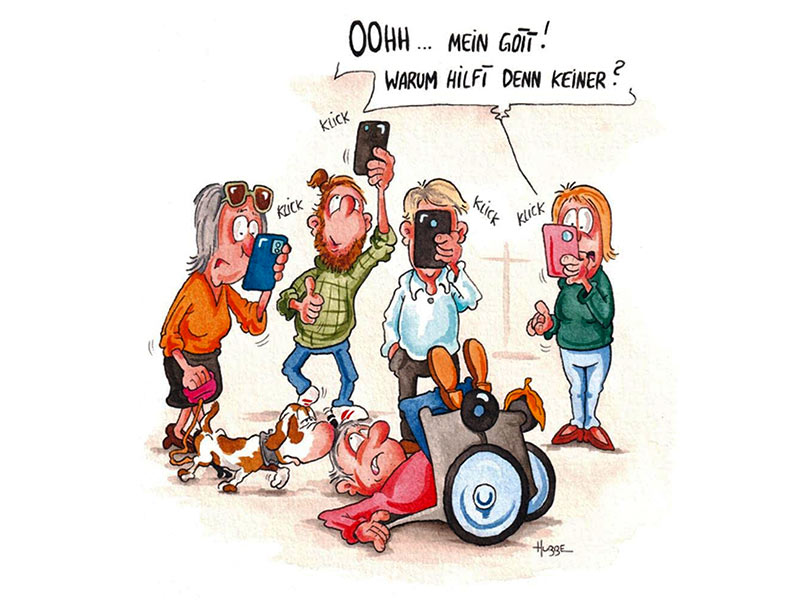 Hubbe Cartoon zum Thema Unfall und Vojeurismus&colon; Fotografieren statt Helfen