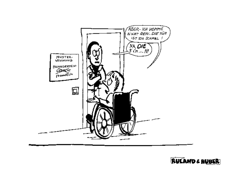 Frau im Rollstuhl vor zu geringer Türbreite
