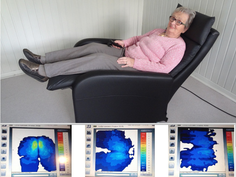 Seniorin liegt in Antidekubitus-Sessel in Liegeposition, Grafiken zeigen die Druckentlastung für den Rückenbereich..