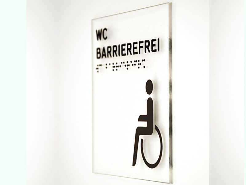Glas-Türschild Rollstuhlfahrer-WC mit Piktogramm, Braille- und Pyramidenschrift