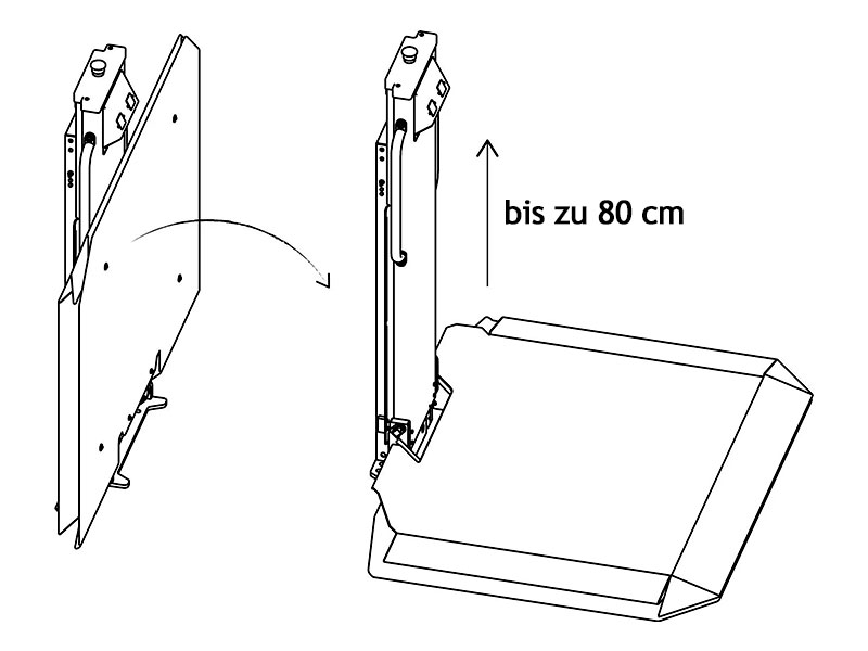 Skizze: Hublift mit angeklappter Plattfom an der Wand und mit aufgeklappter Plattform