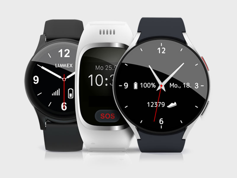 3 Notrufuhren mit unterschiedlichen Zifferbl&auml;ttern