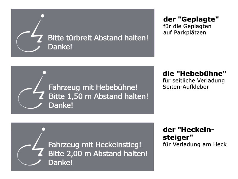 Autoaufkleber f&uuml;r Rollstuhlfahrer mit der Bitte darum, Abstand zum parkenden Fahrzeug zu halten
