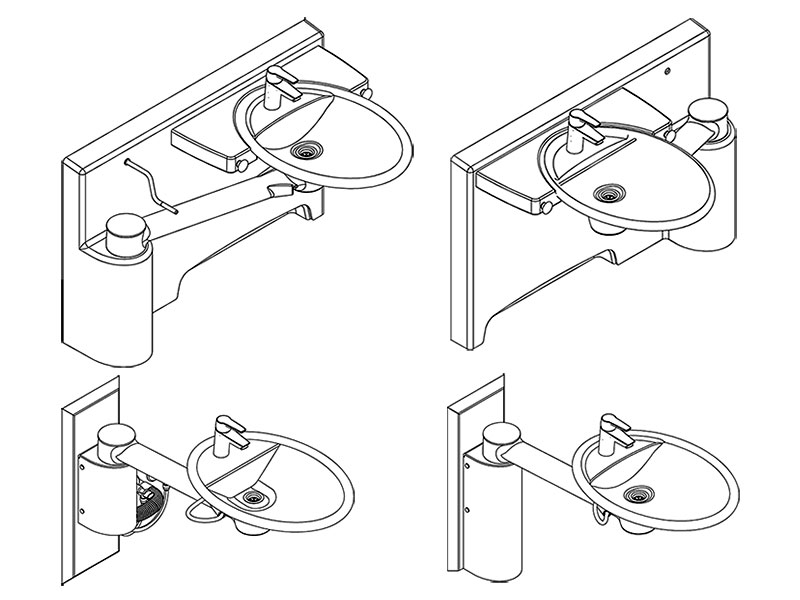 Skizze von 4 Modellen des schwenkbaren Waschbeckens