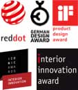 Logos der Designpreise Red Dot Award, German Design Award, Product Design Award, Interior Innovation Award