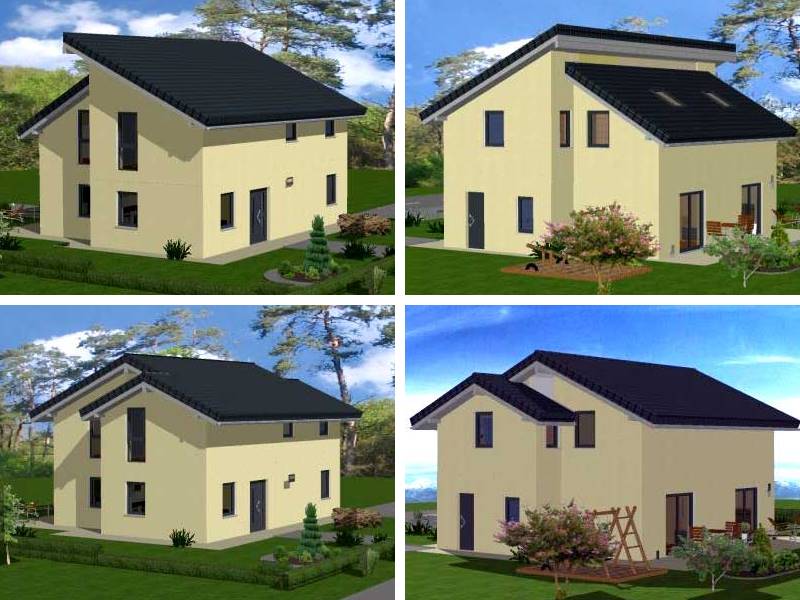 4 Häuser mit unterschiedlichen Dächern und Erdgeschossen