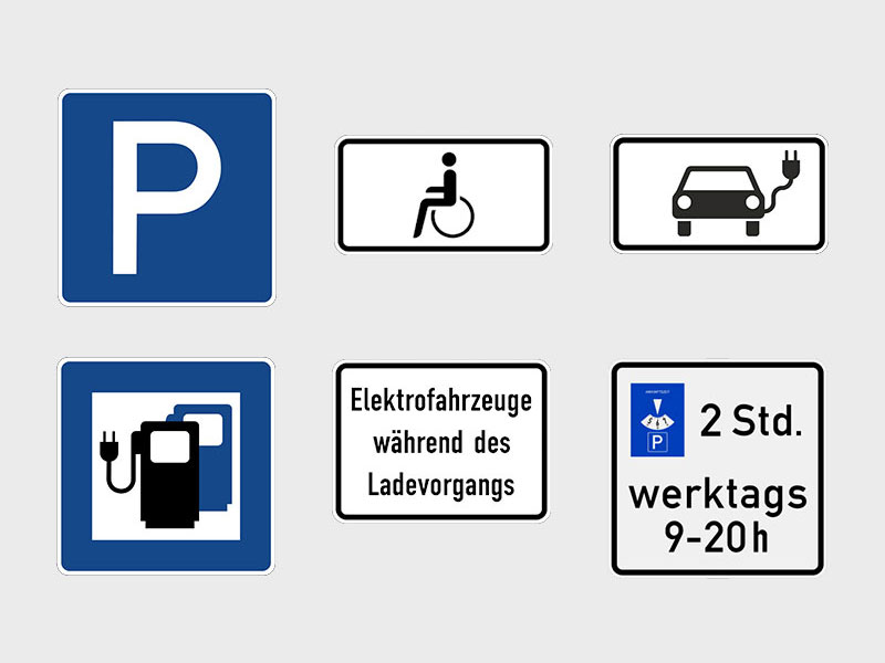 Schilder und Zusatzzeichen für Ladesäulen-Stellplätze