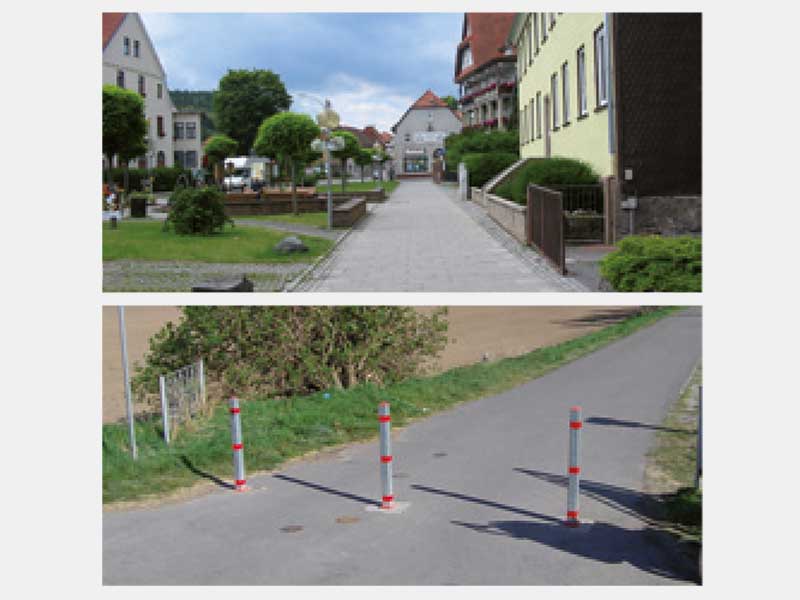 Zonierung eines Straßenseitenraumes und Pollermarkierung auf einem Fuß-/Radweg