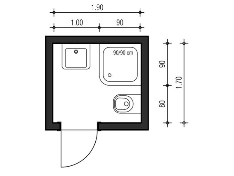 Grafik Standardbad mit Waschbecken gegenüber der Eingangstür