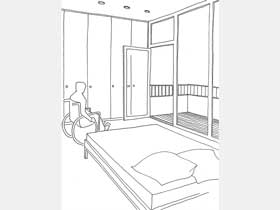 Illustration aus dem Kapitel Der Schlafraum: Bleistiftzeichnung von einem Rollstuhlfahrer zwischen Bett und Schrank