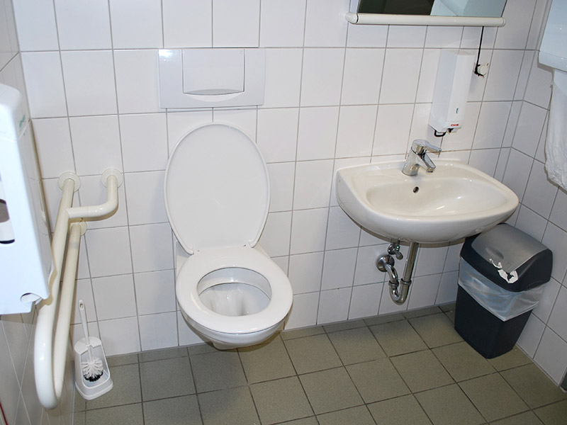 Behinderten-WC mit Mängeln, zum Beispiel links von der Toilette ist kein Haltegriff, die Spültaste ist kaum zu erreichen etc.