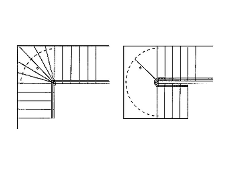 Skizze von Fahrschienen f&uuml;r einen Treppenplattformlift f&uuml;r gewendelte Treppe und Treppe mit Podest