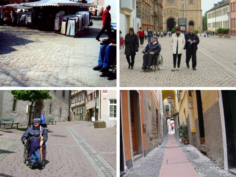4 Fotos: denkmalgerechtes, aber kaum mit einem Rollstuhl &uuml;berwindbare Pflasterung und 3 berollbare Pflasterungen