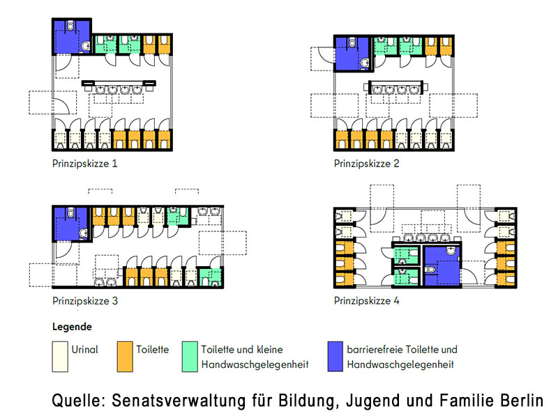 Zeichnung - 4 verschiedene Grundrisse für einen Toilettenraum mit Behinderten-WC, mehreren Einzel-WCs und Urinalen
