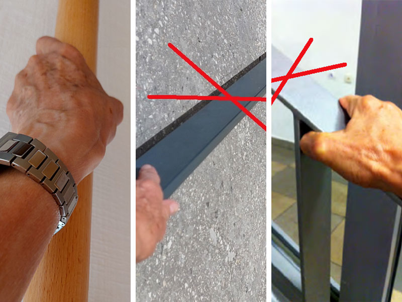 Ein gut greifbarer runder und zwei schlecht greifbare eckige Handläufe