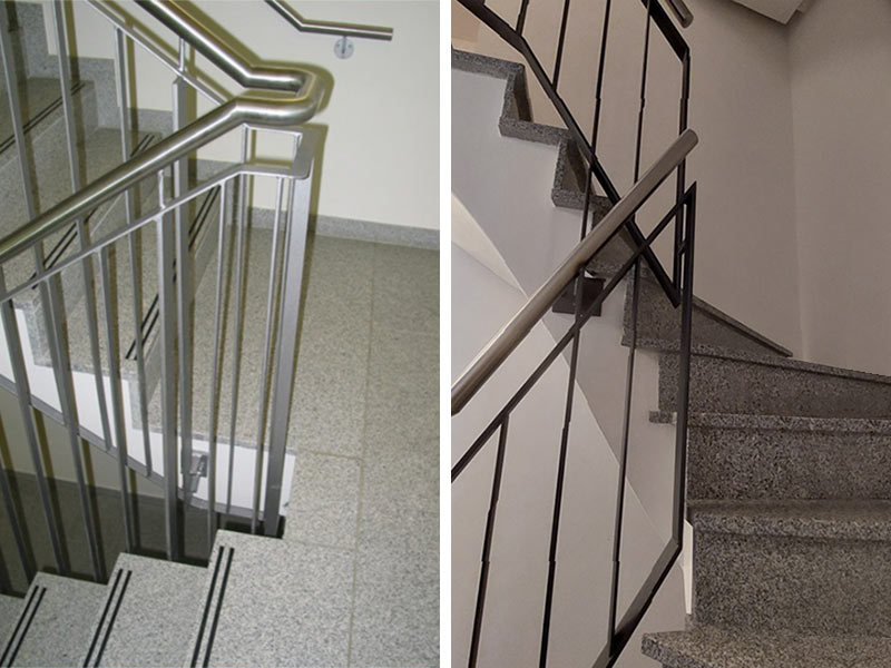 2 Fotos - fortgef&uuml;hrter und unterbrochener innerer Handlauf am Treppen-Zwischenpodest