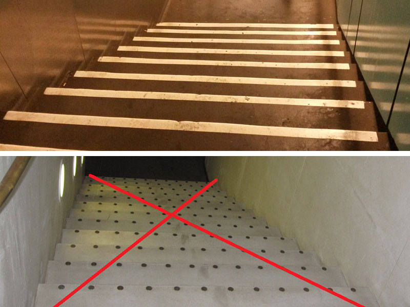 2 Fotos - kontrastreiche klar erkennbare und visuell kaum wahrnehmbare Stufenkantenmarkierung