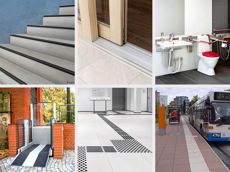 6 Bilder - Stufenkantenmarkierung, Nullschwelle, barrierefreies Bad, Hebebühne, Bodenleitsystem und barrierefreie Bushaltestelle