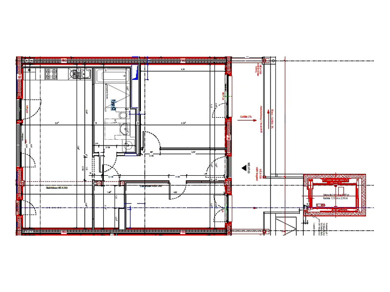 Skizze des Grundrisses einer neu entstandenen barrierefreien 3-Raum-Wohnung